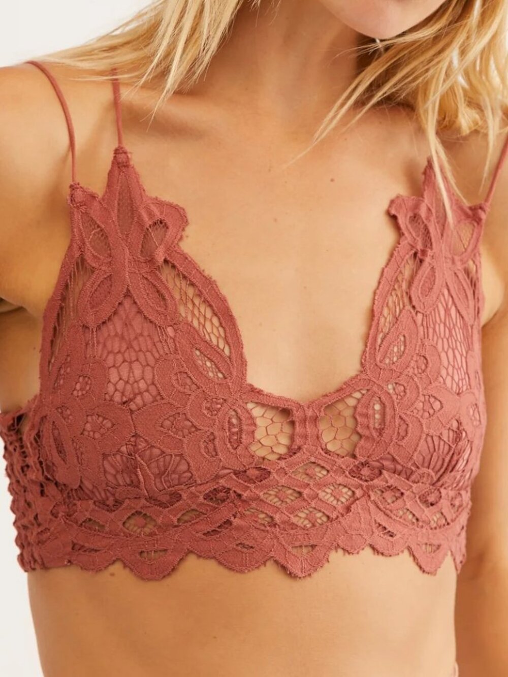 Free People Adella Orange Brown Lace Strappy Unlined Triangle Bralette SMALL